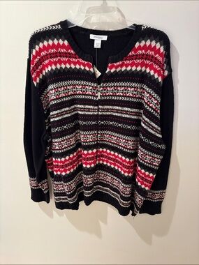 dressbarn Black, Red & White Zip-Up Fair Isle Cardigan